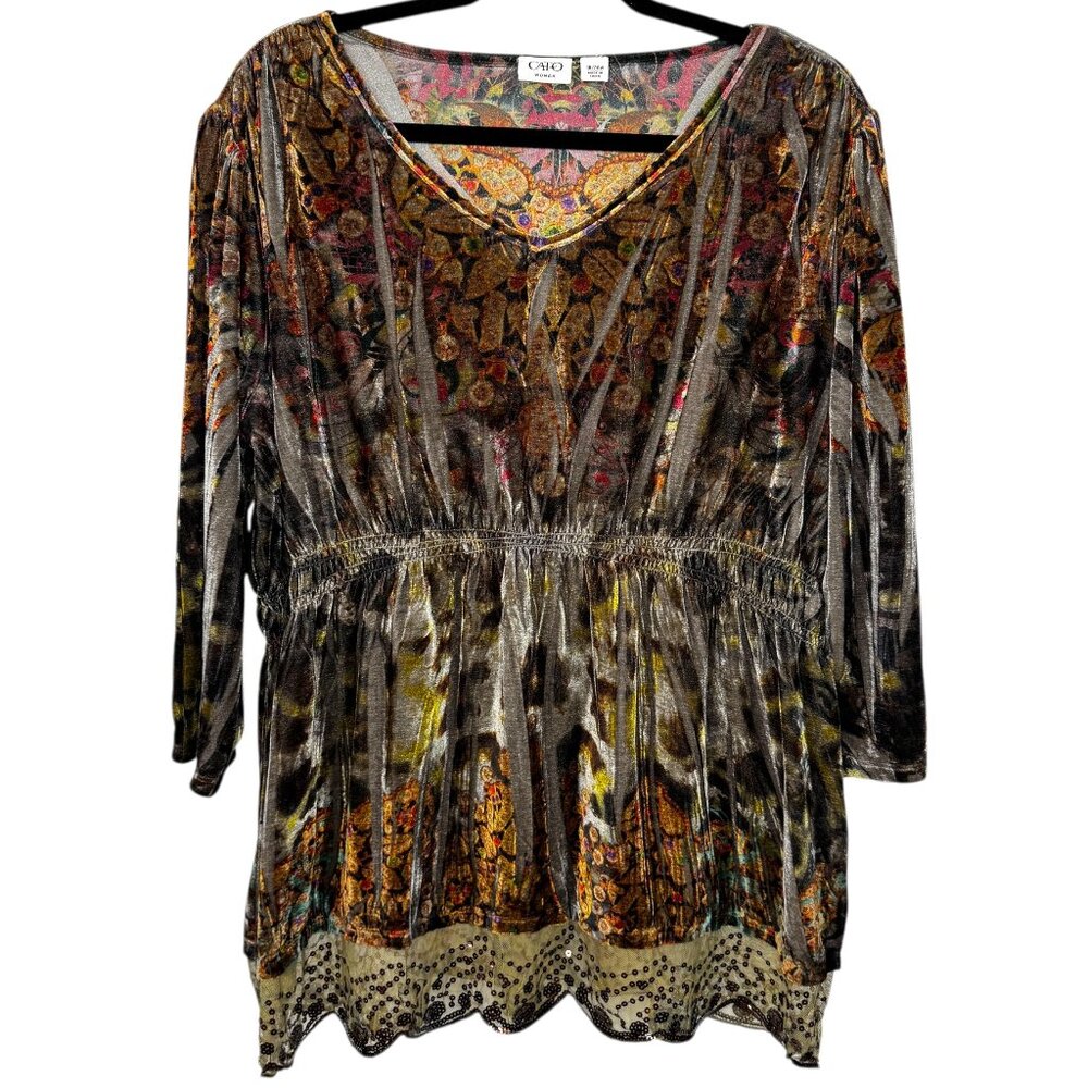 Cato Woman Brown, green, gold & red Velvet 3/4 sleeve blouse sequins Size 18/20W
